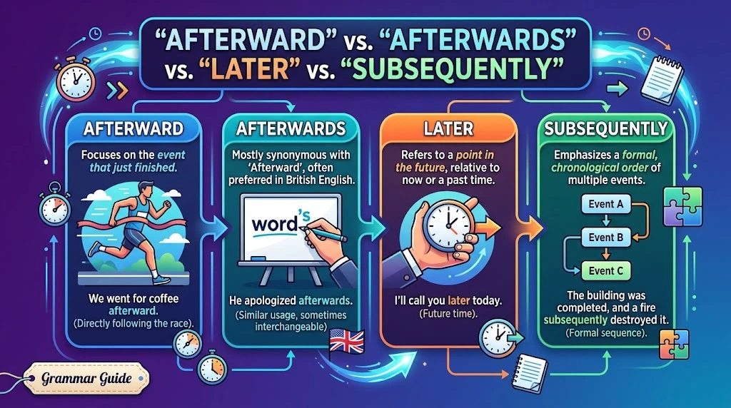 Afterward vs. Afterwards vs. Later vs. Subsequently